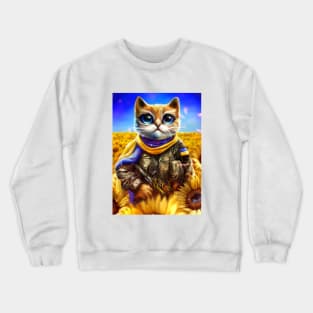 Ukrainian cat warrior in a field of sunflowers Crewneck Sweatshirt